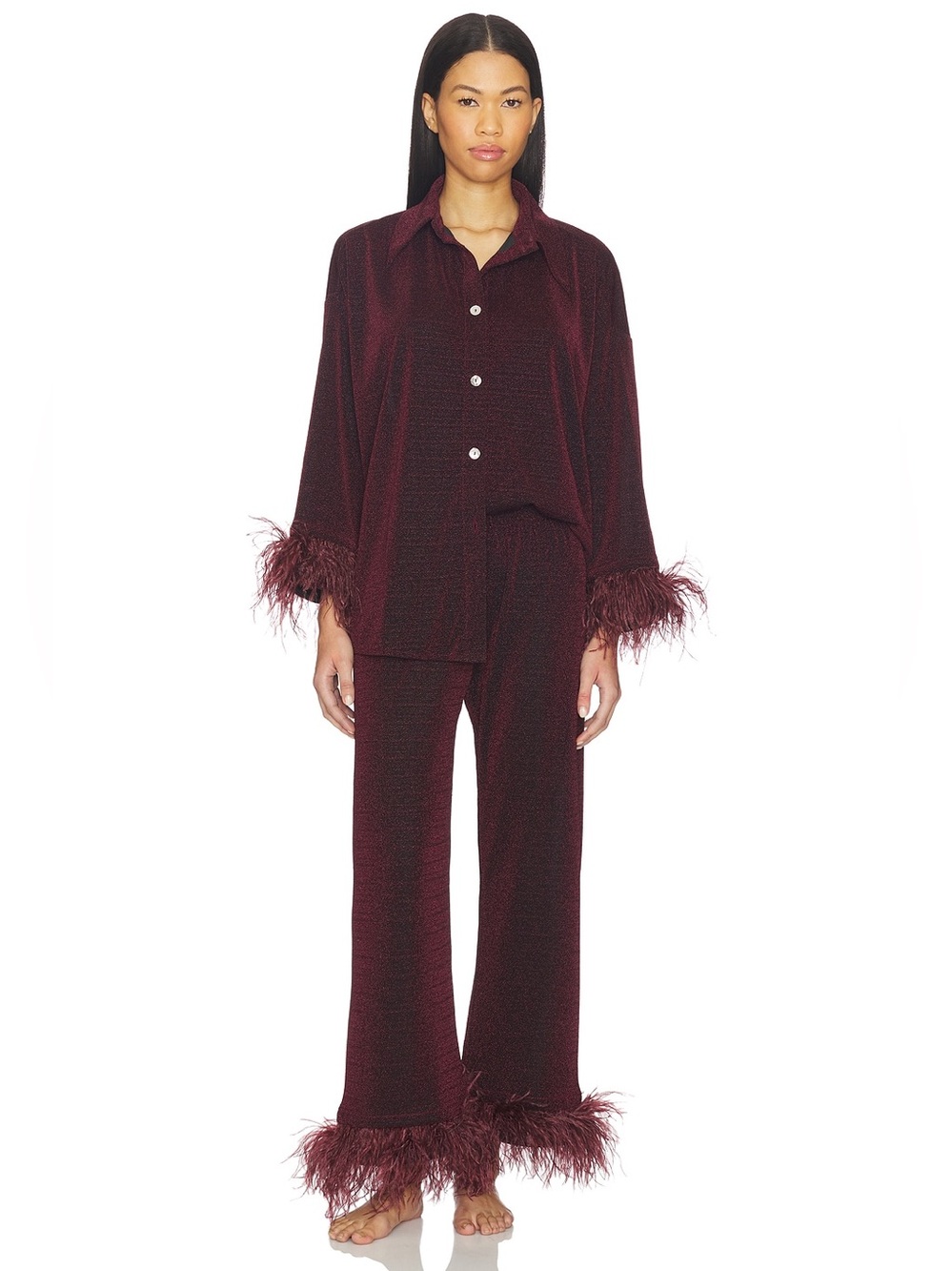 SLEEPER Cosmos Oversized Lurex Pajama Set with Feathers in Burgundy NWT